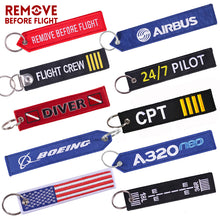 Load image into Gallery viewer, Remove Before Flight Car Keychains Berloques Red Embroidery Highlight Key Fobs Chains Jewelry Aviation Gifts Chaveiro Masculino