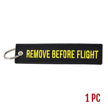 Load image into Gallery viewer, Remove Before Flight Car Keychains Berloques Red Embroidery Highlight Key Fobs Chains Jewelry Aviation Gifts Chaveiro Masculino