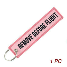 Load image into Gallery viewer, Remove Before Flight Car Keychains Berloques Red Embroidery Highlight Key Fobs Chains Jewelry Aviation Gifts Chaveiro Masculino