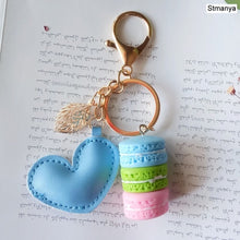 Load image into Gallery viewer, Women New Macaron Cake keychain PU love alloy leaf Key Chain Charm Bag pendant Key Ring Best Party Gift Jewelry K3006