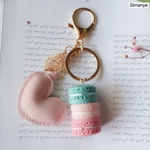 Load image into Gallery viewer, Women New Macaron Cake keychain PU love alloy leaf Key Chain Charm Bag pendant Key Ring Best Party Gift Jewelry K3006