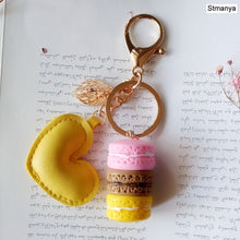 Load image into Gallery viewer, Women New Macaron Cake keychain PU love alloy leaf Key Chain Charm Bag pendant Key Ring Best Party Gift Jewelry K3006
