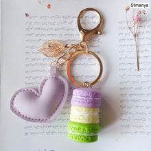 Load image into Gallery viewer, Women New Macaron Cake keychain PU love alloy leaf Key Chain Charm Bag pendant Key Ring Best Party Gift Jewelry K3006