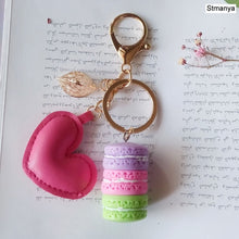 Load image into Gallery viewer, Women New Macaron Cake keychain PU love alloy leaf Key Chain Charm Bag pendant Key Ring Best Party Gift Jewelry K3006