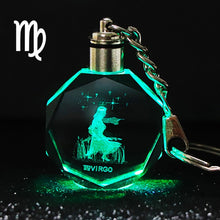 Load image into Gallery viewer, Crystal Zodiac Sign 12 Constellation Key Chain 3D Star Sign Women's Accessories LED Light Key Ring Zodiac Gemini Birthday Gift