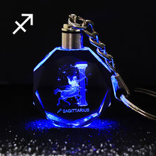 Load image into Gallery viewer, Crystal Zodiac Sign 12 Constellation Key Chain 3D Star Sign Women's Accessories LED Light Key Ring Zodiac Gemini Birthday Gift