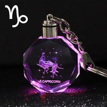 Load image into Gallery viewer, Crystal Zodiac Sign 12 Constellation Key Chain 3D Star Sign Women's Accessories LED Light Key Ring Zodiac Gemini Birthday Gift
