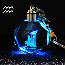 Load image into Gallery viewer, Crystal Zodiac Sign 12 Constellation Key Chain 3D Star Sign Women's Accessories LED Light Key Ring Zodiac Gemini Birthday Gift
