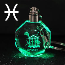 Load image into Gallery viewer, Crystal Zodiac Sign 12 Constellation Key Chain 3D Star Sign Women's Accessories LED Light Key Ring Zodiac Gemini Birthday Gift