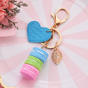 Women New Macaron Cake keychain PU love alloy leaf Key Chain Charm Bag pendant Key Ring Best Party Gift Jewelry K3006