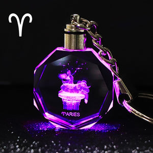 Crystal Zodiac Sign 12 Constellation Key Chain 3D Star Sign Women's Accessories LED Light Key Ring Zodiac Gemini Birthday Gift