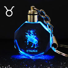 Load image into Gallery viewer, Crystal Zodiac Sign 12 Constellation Key Chain 3D Star Sign Women&#39;s Accessories LED Light Key Ring Zodiac Gemini Birthday Gift
