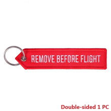 Load image into Gallery viewer, Remove Before Flight Car Keychains Berloques Red Embroidery Highlight Key Fobs Chains Jewelry Aviation Gifts Chaveiro Masculino
