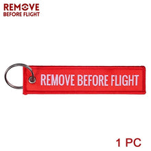 Load image into Gallery viewer, Remove Before Flight Car Keychains Berloques Red Embroidery Highlight Key Fobs Chains Jewelry Aviation Gifts Chaveiro Masculino
