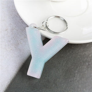 1PC KEYRING pink/blue English word English Letter Keychain  glitter resin A TO Q handbag charms for woman