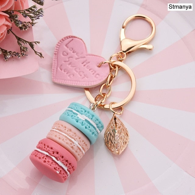 Women New Macaron Cake keychain PU love alloy leaf Key Chain Charm Bag pendant Key Ring Best Party Gift Jewelry K3006