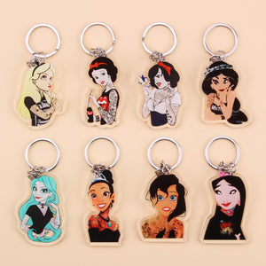 Cute Cartoon Icons Cool Tattoo Girl princess keychain on Backpack Key Chain Acrylic Keyring for women girls gift