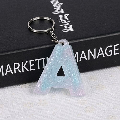 1PC KEYRING pink/blue English word English Letter Keychain  glitter resin A TO Q handbag charms for woman