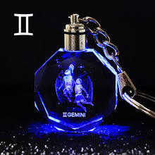 Load image into Gallery viewer, Crystal Zodiac Sign 12 Constellation Key Chain 3D Star Sign Women&#39;s Accessories LED Light Key Ring Zodiac Gemini Birthday Gift
