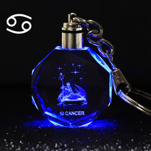 Load image into Gallery viewer, Crystal Zodiac Sign 12 Constellation Key Chain 3D Star Sign Women&#39;s Accessories LED Light Key Ring Zodiac Gemini Birthday Gift
