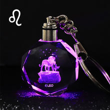 Load image into Gallery viewer, Crystal Zodiac Sign 12 Constellation Key Chain 3D Star Sign Women&#39;s Accessories LED Light Key Ring Zodiac Gemini Birthday Gift
