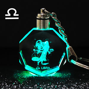 Crystal Zodiac Sign 12 Constellation Key Chain 3D Star Sign Women's Accessories LED Light Key Ring Zodiac Gemini Birthday Gift